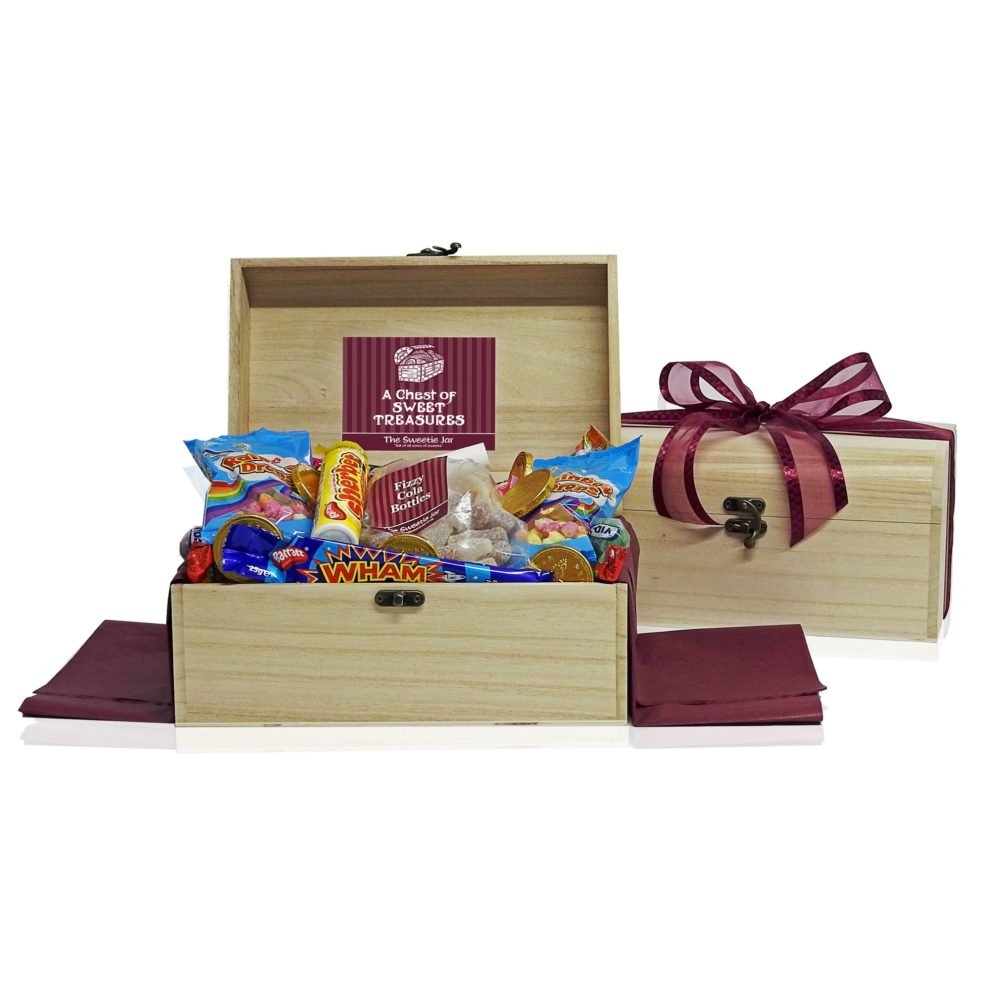 A Novel and Unusual Sweet Gift with a selection of retro sweets inside.  This pale wooden chest of Sweet Treasures will have everyone talking about their retro sweet favourites.  Retro Sweets Gifts at The Sweetie Jar.