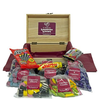 A Chest for Liquorice Lovers - A wooden chest with an assortment of liquorice sweets, that would make a great gift for lovers of liquorice.  Liquorice Sweets at The Sweetie Jar.