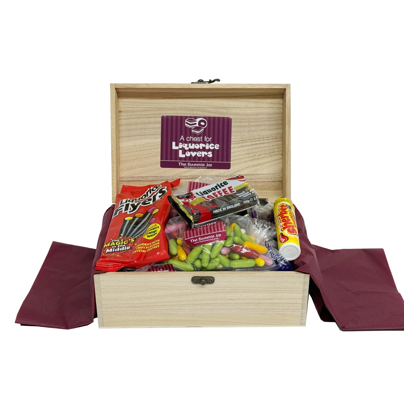 A Chest for Liquorice Lovers - A wooden chest filled with an assortment of traditional liquorice sweets.  Retro Sweets Gifts at The Sweetie Jar.