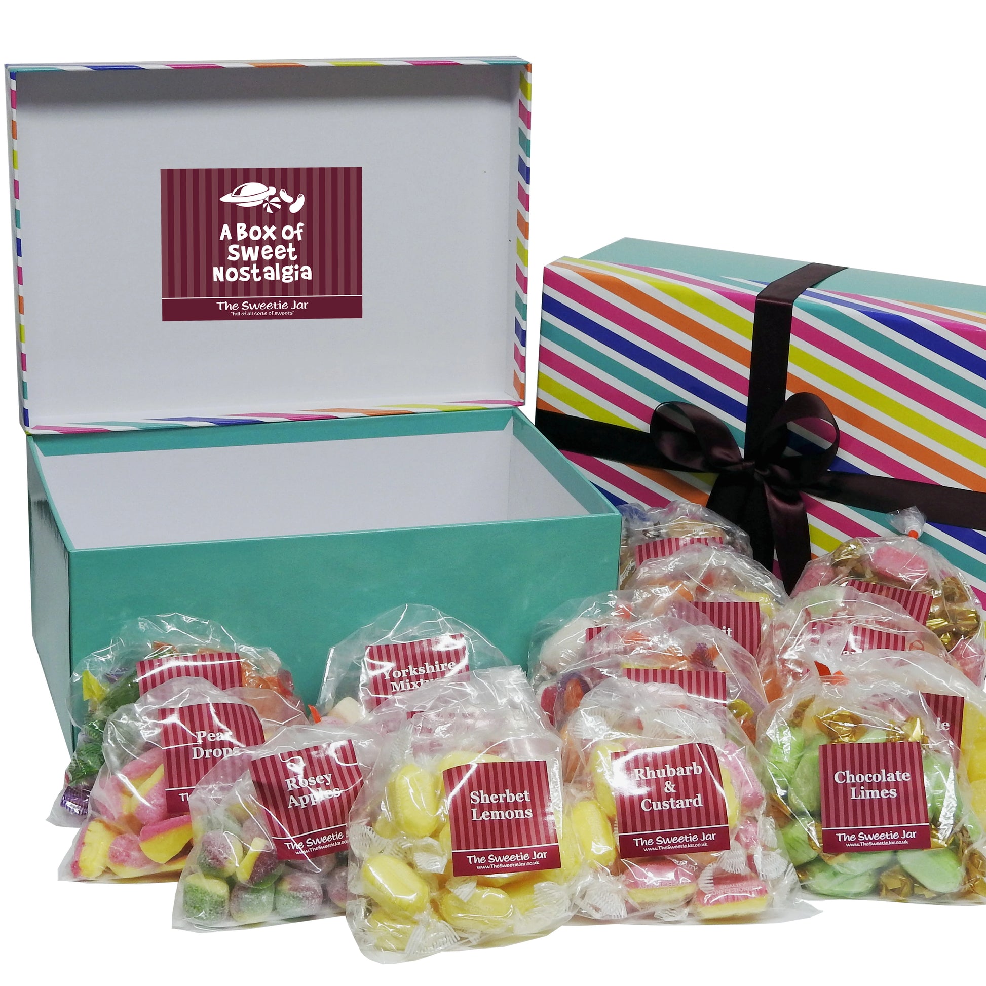 A gift box of Traditional Boiled Sweets. The gift box has a colourful striped lid with a turquoise base and tied with a burgundy ribbon.  The perfect gift box of boiled sweets.