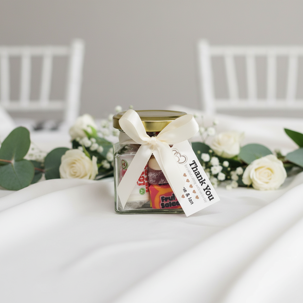 Personalised mini glass wedding favour jar with sweets, ribbon and personalised message tag