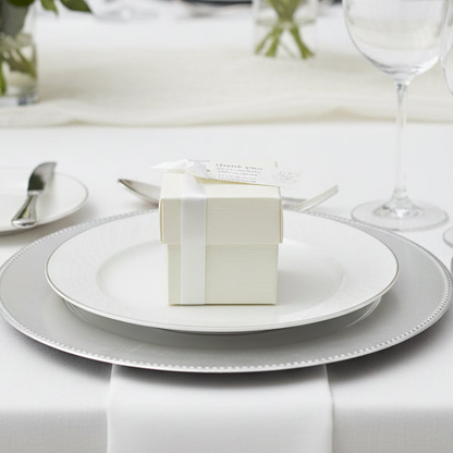 Personalised traditional wedding favour square box with sweets, ribbon and personalised tag