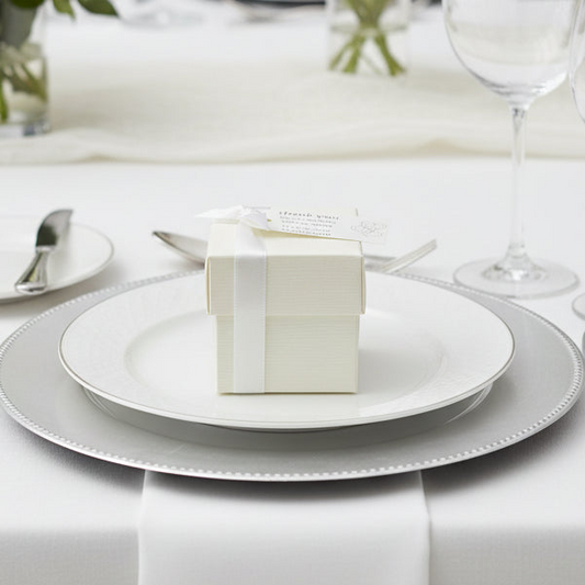 Personalised traditional wedding favour square box with sweets, ribbon and personalised tag