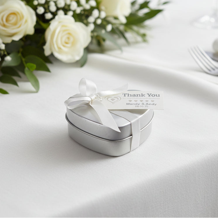 Personalised wedding favour tin with sweets, ribbon and personalised tag