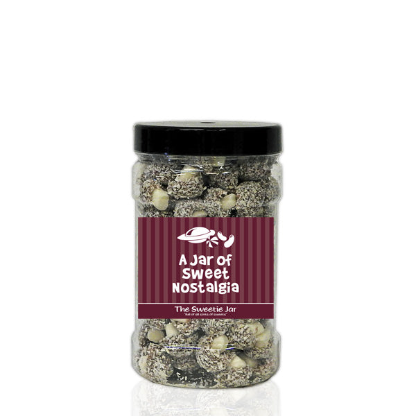 A Small Jar of Coconut Mushrooms - Mushroom Shaped Sweets Covered In Flakes Of Coconut