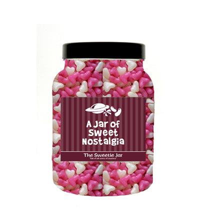 A Medium Jar of Jelly Hearts - Small Pink & White Heart Shaped Panned Sweets